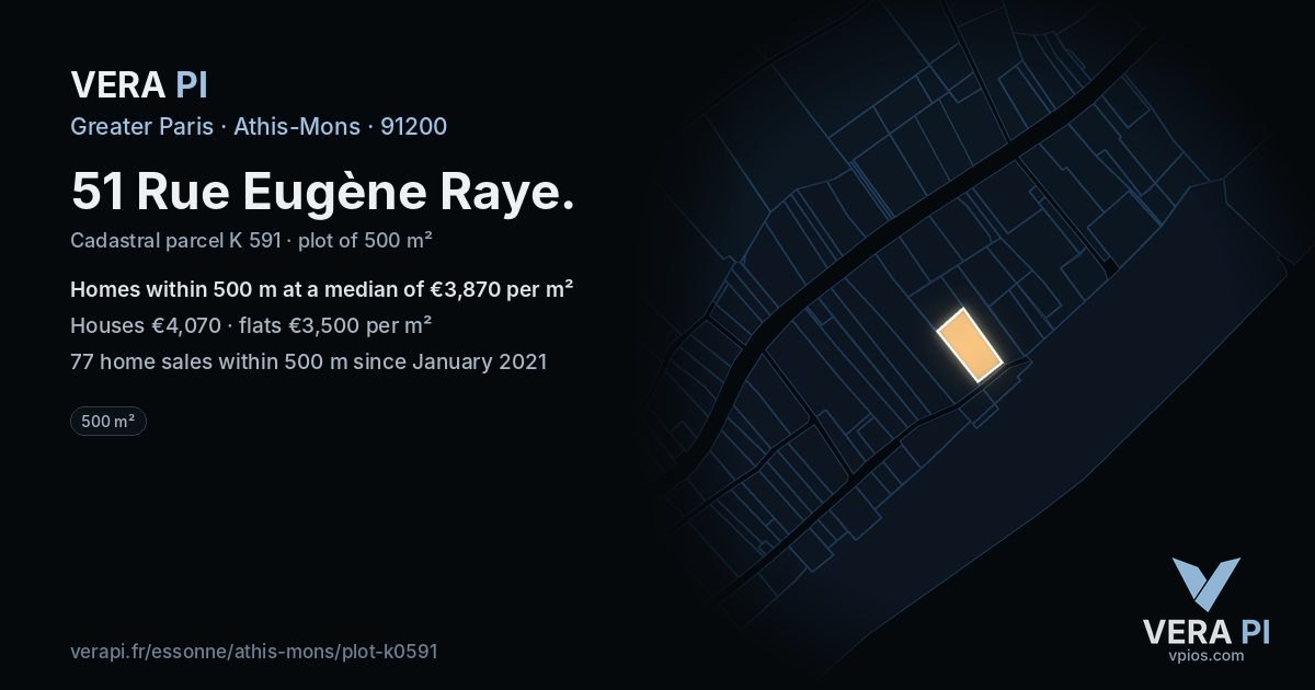 51 Rue Eugène Raye, Athis-Mons at night – the plot lit, the parcels around coloured by the prices near them