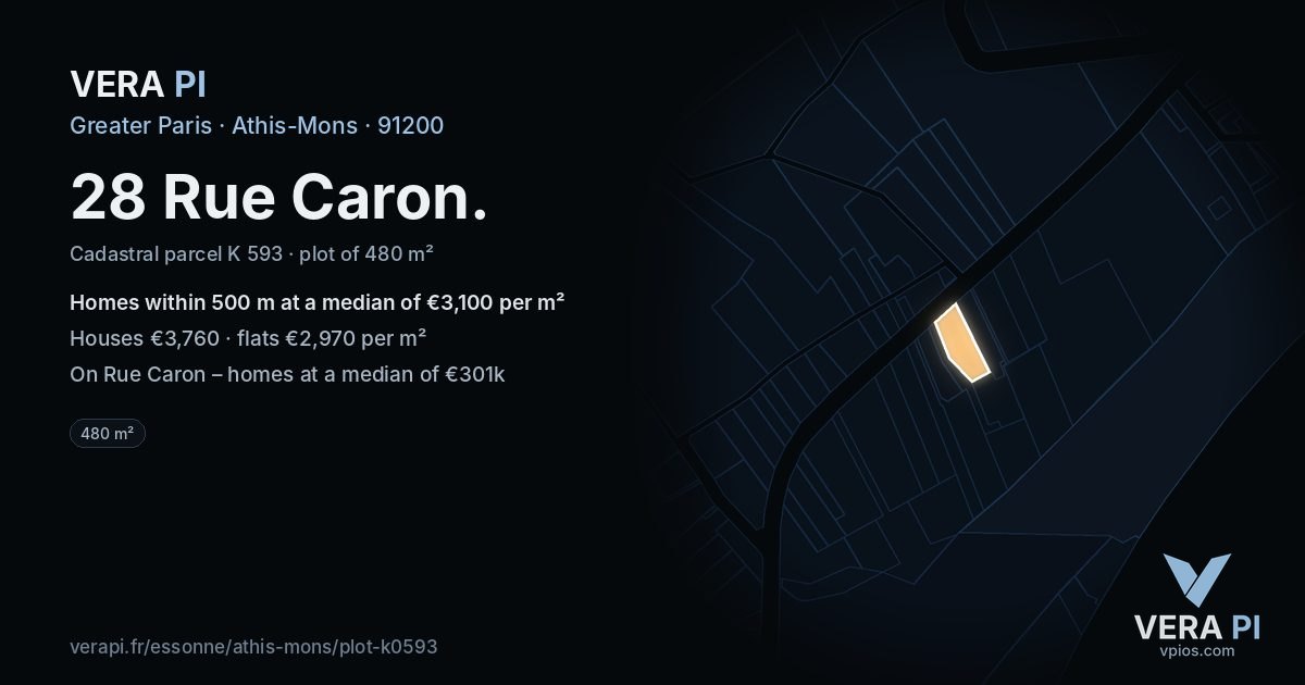 28 Rue Caron, Athis-Mons at night – the plot lit, the parcels around coloured by the prices near them