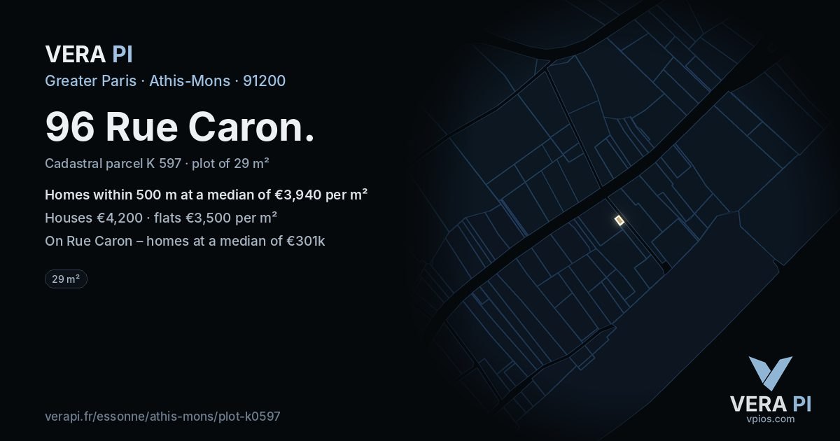 96 Rue Caron, Athis-Mons at night – the plot lit, the parcels around coloured by the prices near them