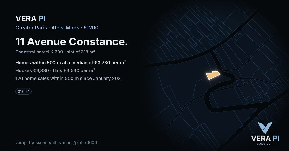 11 Avenue Constance, Athis-Mons at night – the plot lit, the parcels around coloured by the prices near them