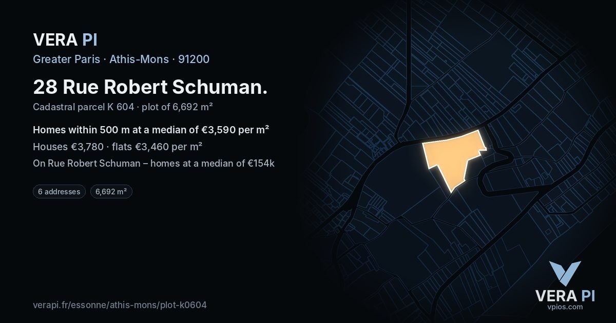28 Rue Robert Schuman, Athis-Mons at night – the plot lit, the parcels around coloured by the prices near them