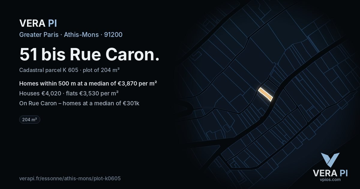 51 bis Rue Caron, Athis-Mons at night – the plot lit, the parcels around coloured by the prices near them