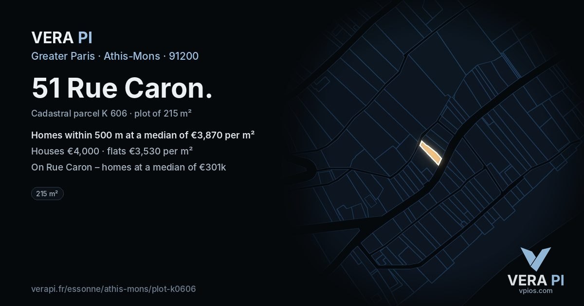 51 Rue Caron, Athis-Mons at night – the plot lit, the parcels around coloured by the prices near them