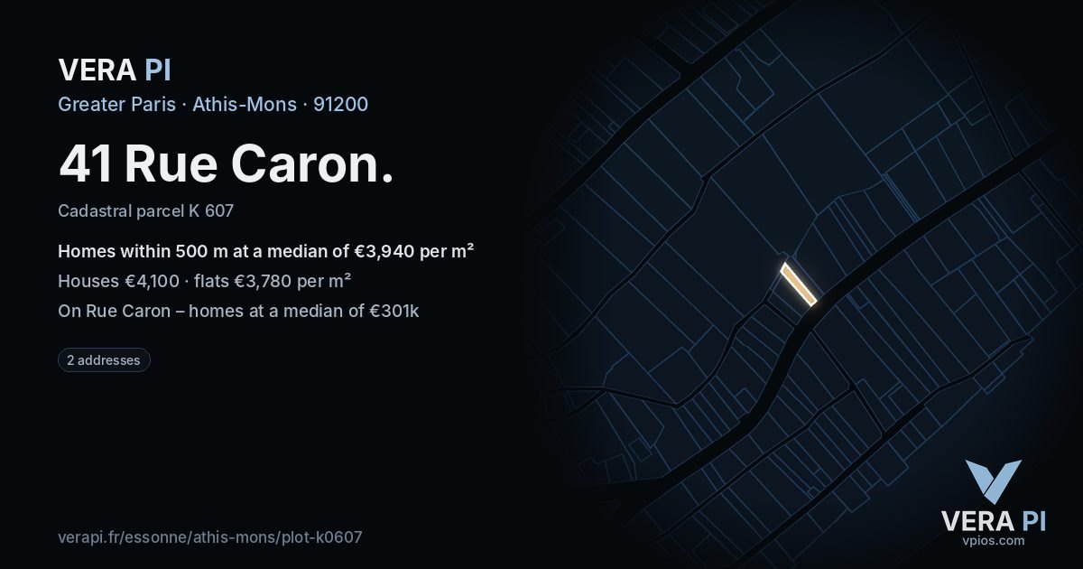 41 Rue Caron, Athis-Mons at night – the plot lit, the parcels around coloured by the prices near them