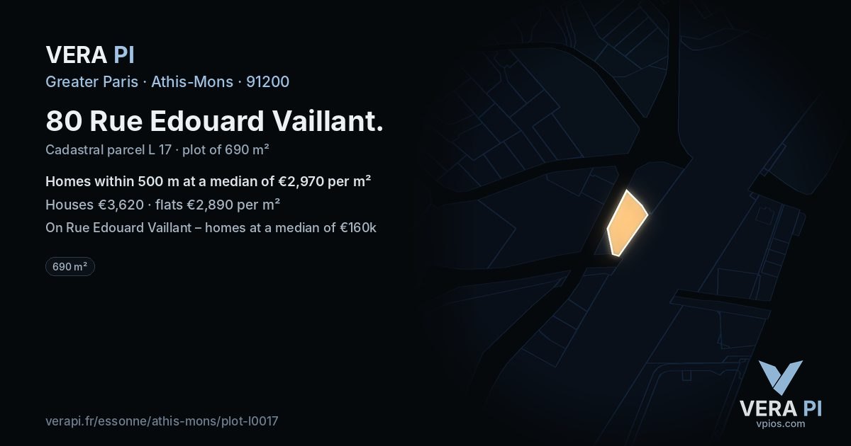 80 Rue Edouard Vaillant, Athis-Mons at night – the plot lit, the parcels around coloured by the prices near them