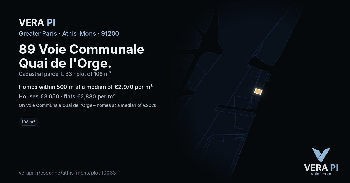 89 Voie Communale Quai de l'Orge, Athis-Mons at night – the plot lit, the parcels around coloured by the prices near them