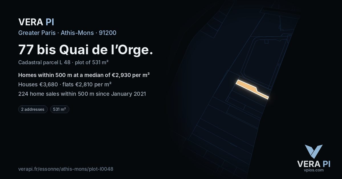 77 bis Quai de l’Orge, Athis-Mons at night – the plot lit, the parcels around coloured by the prices near them