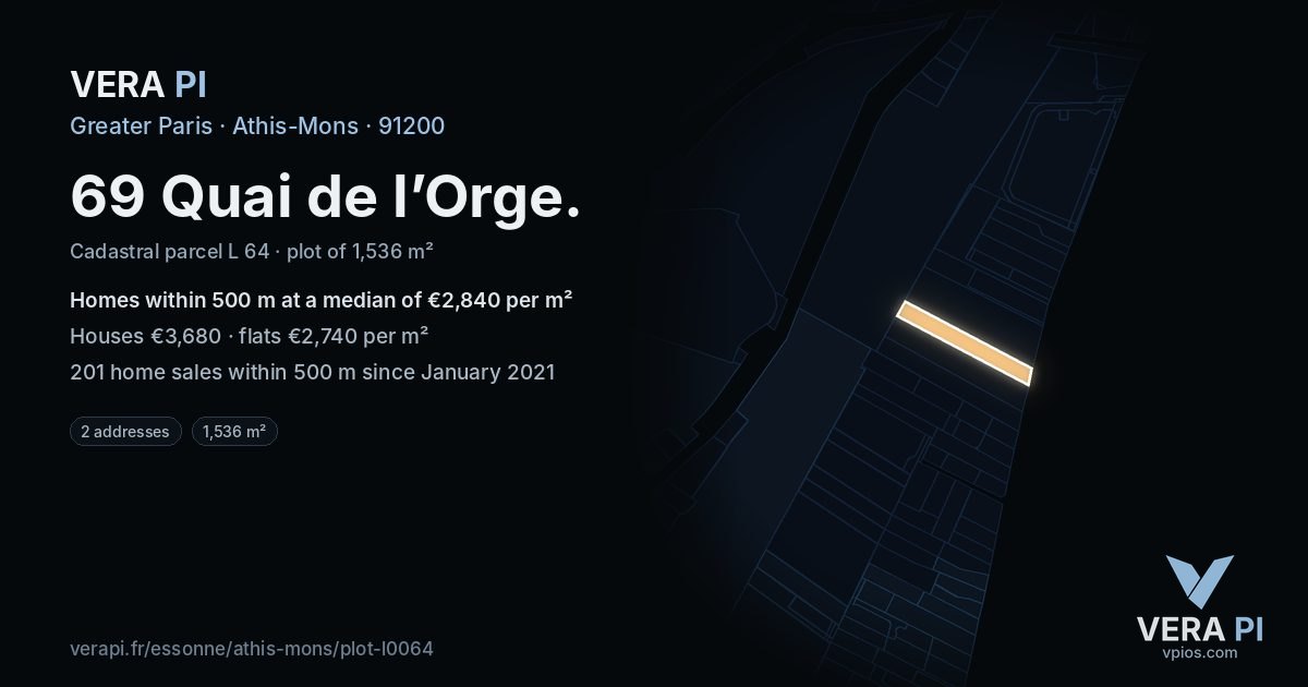 69 Quai de l’Orge, Athis-Mons at night – the plot lit, the parcels around coloured by the prices near them