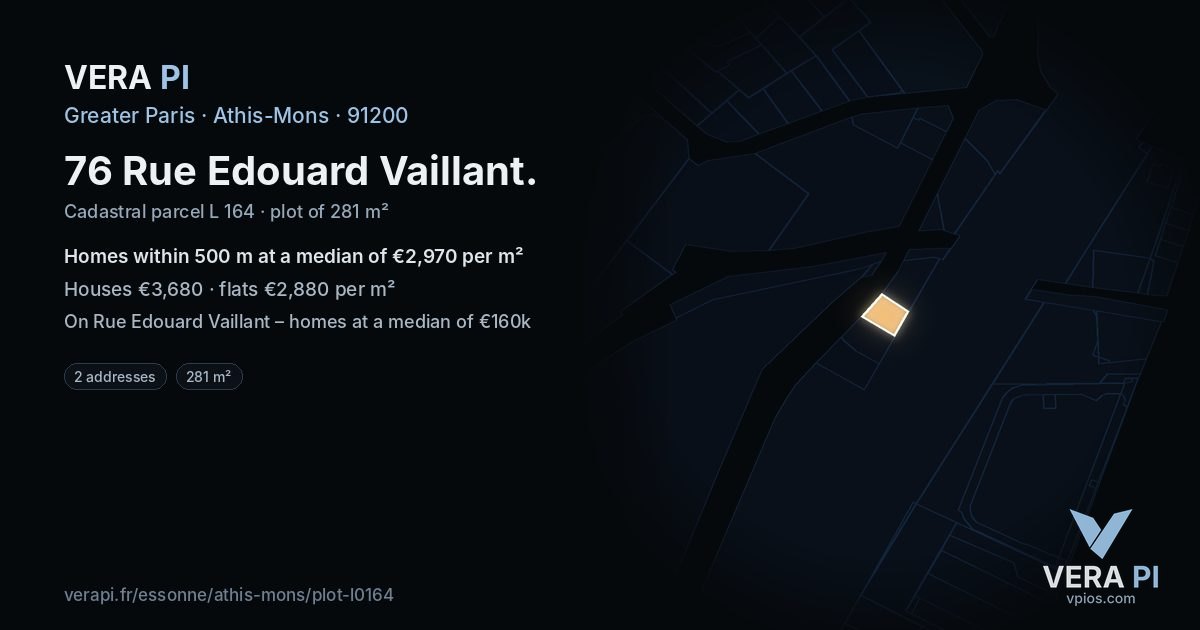 76 Rue Edouard Vaillant, Athis-Mons at night – the plot lit, the parcels around coloured by the prices near them