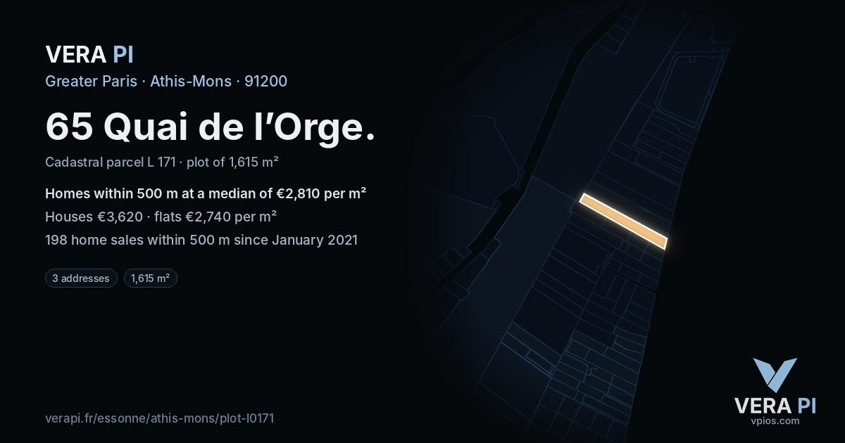 65 Quai de l’Orge, Athis-Mons at night – the plot lit, the parcels around coloured by the prices near them