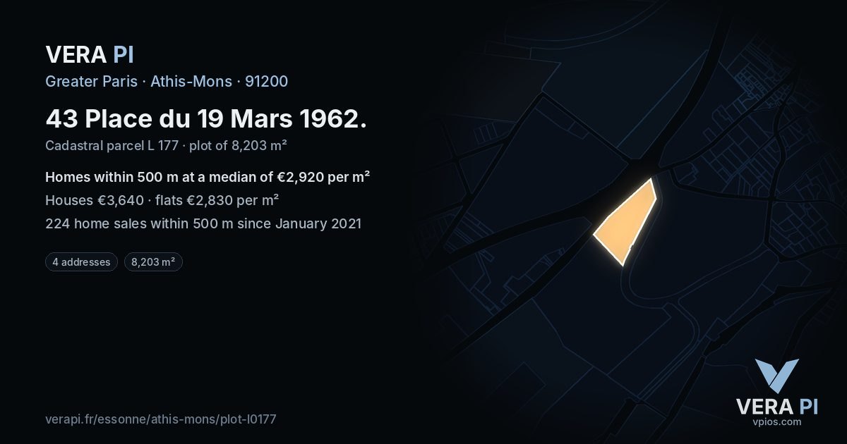 43 Place du 19 Mars 1962, Athis-Mons at night – the plot lit, the parcels around coloured by the prices near them