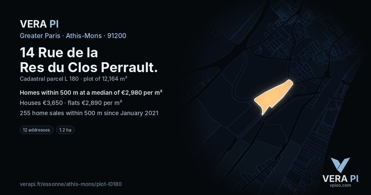 14 Rue de la Res du Clos Perrault, Athis-Mons at night – the plot lit, the parcels around coloured by the prices near them