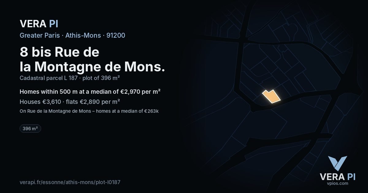 8 bis Rue de la Montagne de Mons, Athis-Mons at night – the plot lit, the parcels around coloured by the prices near them