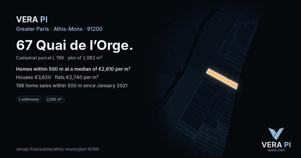 67 Quai de l’Orge, Athis-Mons at night – the plot lit, the parcels around coloured by the prices near them