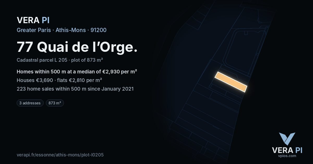 77 Quai de l’Orge, Athis-Mons at night – the plot lit, the parcels around coloured by the prices near them