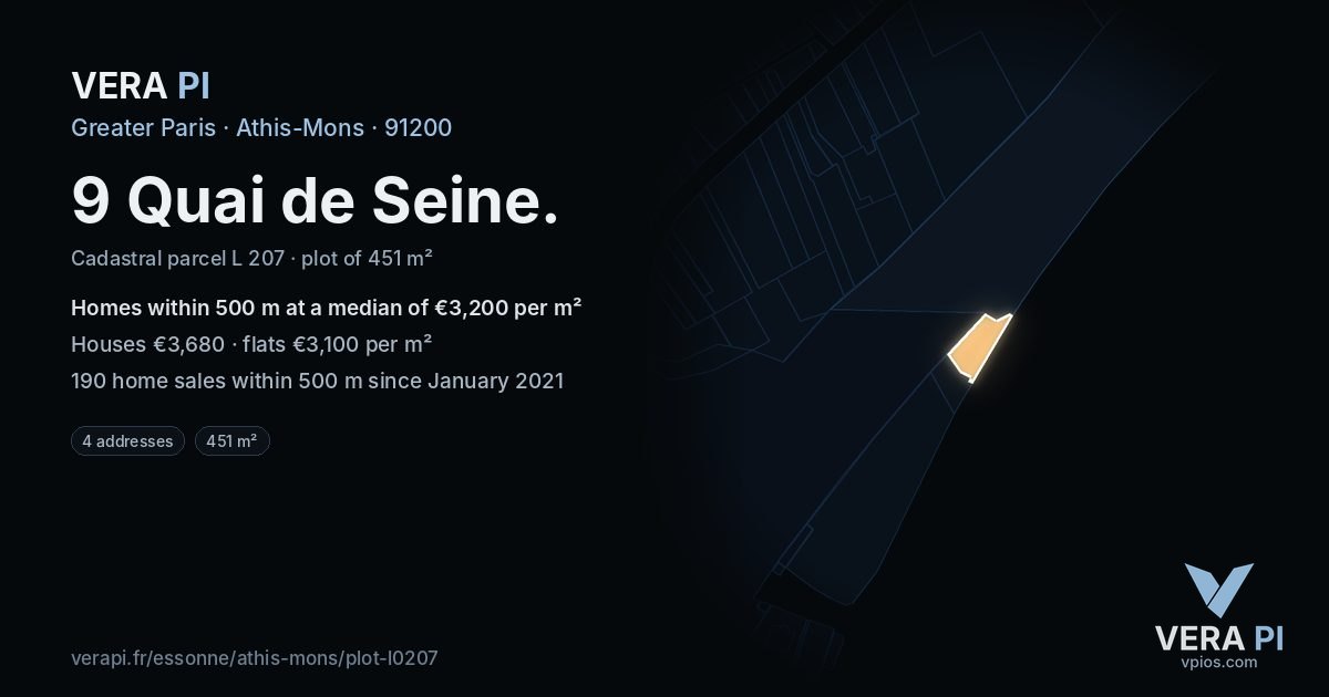 9 Quai de Seine, Athis-Mons at night – the plot lit, the parcels around coloured by the prices near them