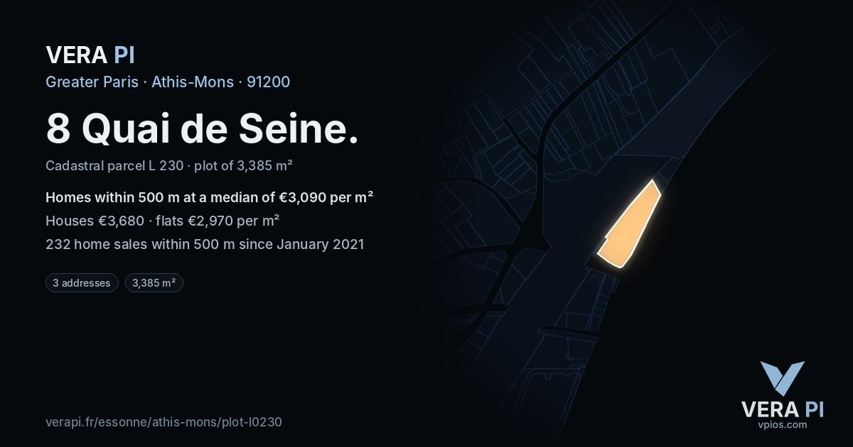8 Quai de Seine, Athis-Mons at night – the plot lit, the parcels around coloured by the prices near them