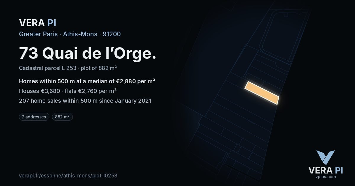 73 Quai de l’Orge, Athis-Mons at night – the plot lit, the parcels around coloured by the prices near them