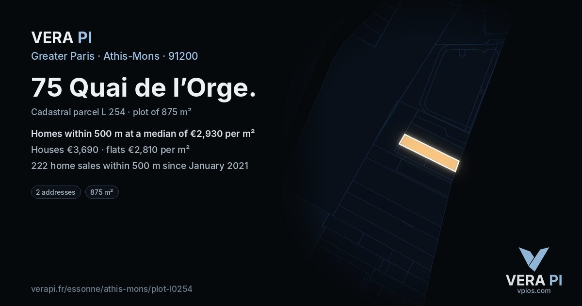 75 Quai de l’Orge, Athis-Mons at night – the plot lit, the parcels around coloured by the prices near them