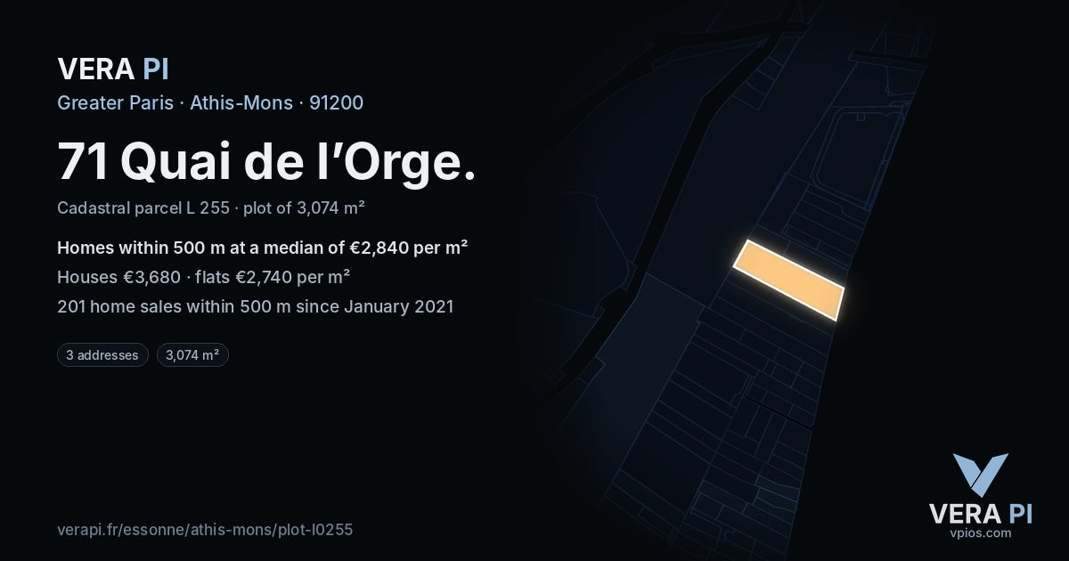 71 Quai de l’Orge, Athis-Mons at night – the plot lit, the parcels around coloured by the prices near them