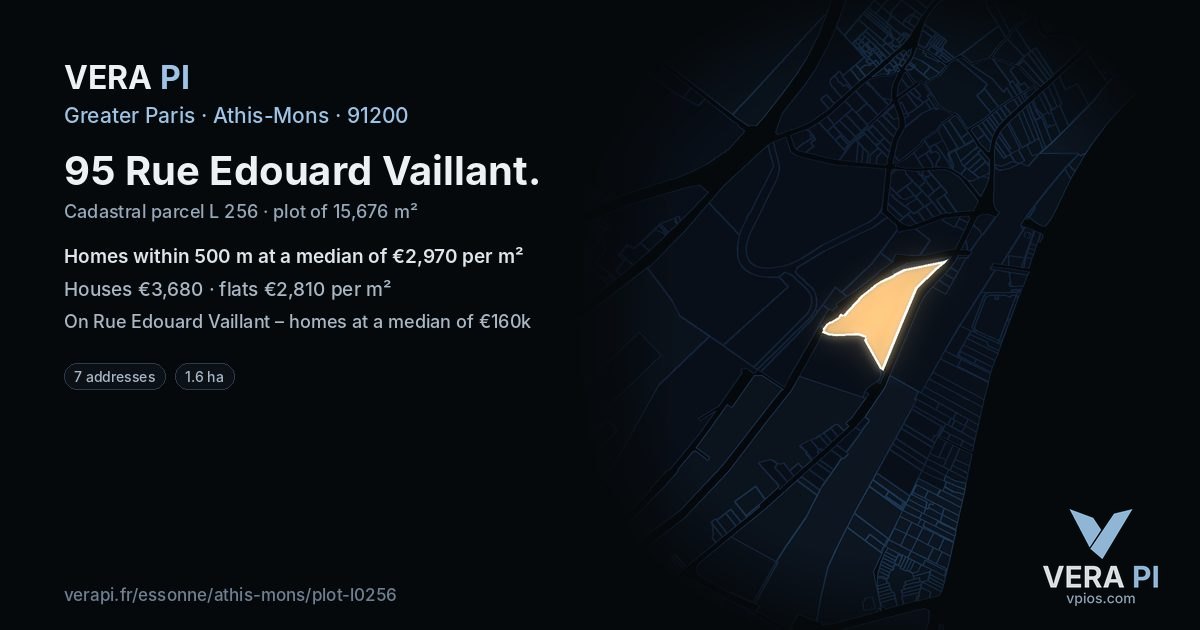 95 Rue Edouard Vaillant, Athis-Mons at night – the plot lit, the parcels around coloured by the prices near them