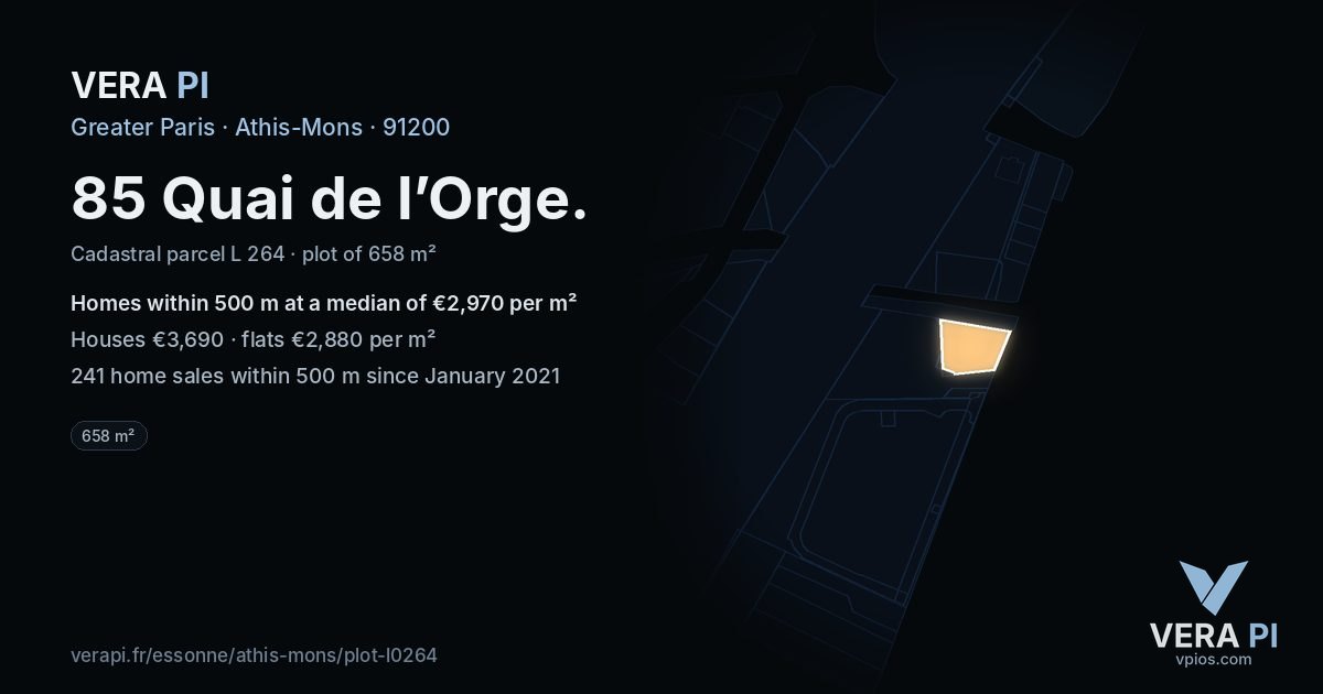 85 Quai de l’Orge, Athis-Mons at night – the plot lit, the parcels around coloured by the prices near them
