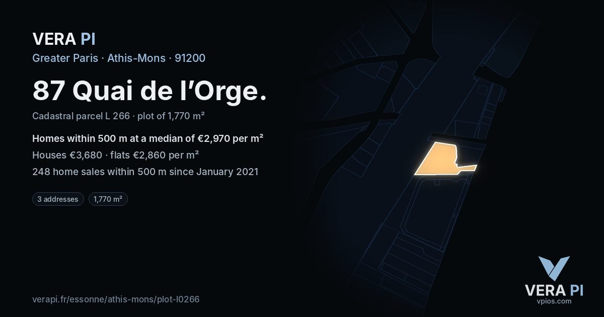 87 Quai de l’Orge, Athis-Mons at night – the plot lit, the parcels around coloured by the prices near them
