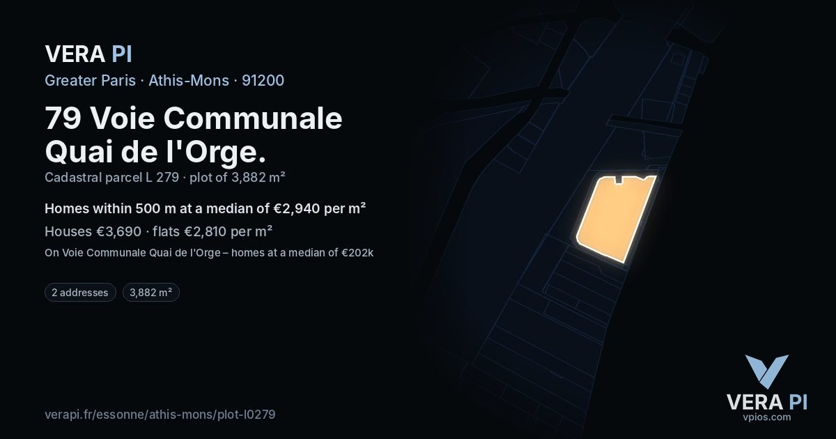 79 Voie Communale Quai de l'Orge, Athis-Mons at night – the plot lit, the parcels around coloured by the prices near them