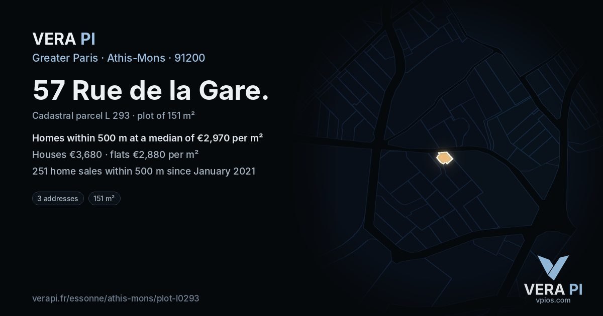 57 Rue de la Gare, Athis-Mons at night – the plot lit, the parcels around coloured by the prices near them