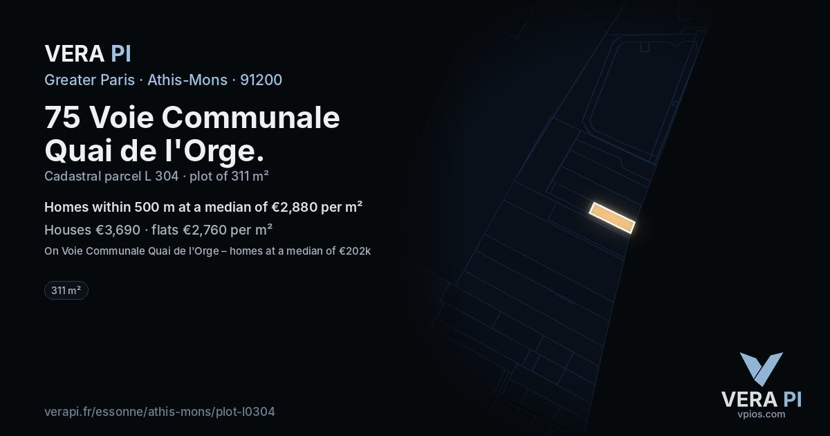 75 Voie Communale Quai de l'Orge, Athis-Mons at night – the plot lit, the parcels around coloured by the prices near them