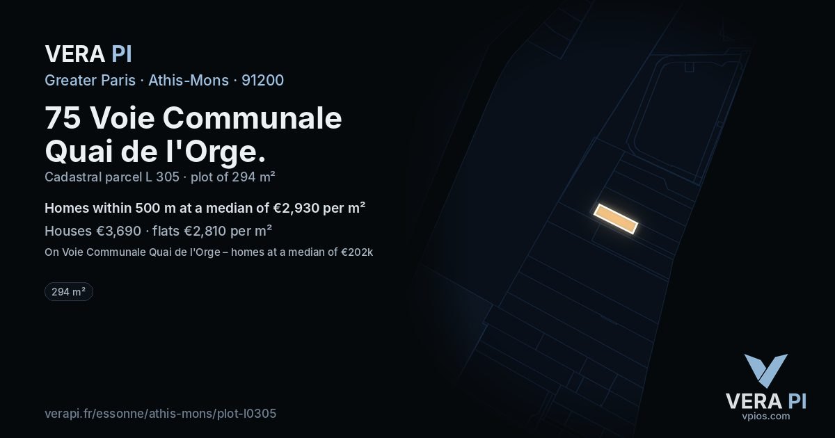 75 Voie Communale Quai de l'Orge, Athis-Mons at night – the plot lit, the parcels around coloured by the prices near them