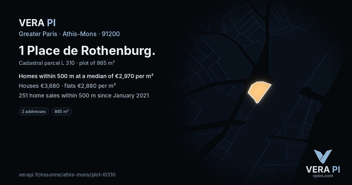 1 Place de Rothenburg, Athis-Mons at night – the plot lit, the parcels around coloured by the prices near them