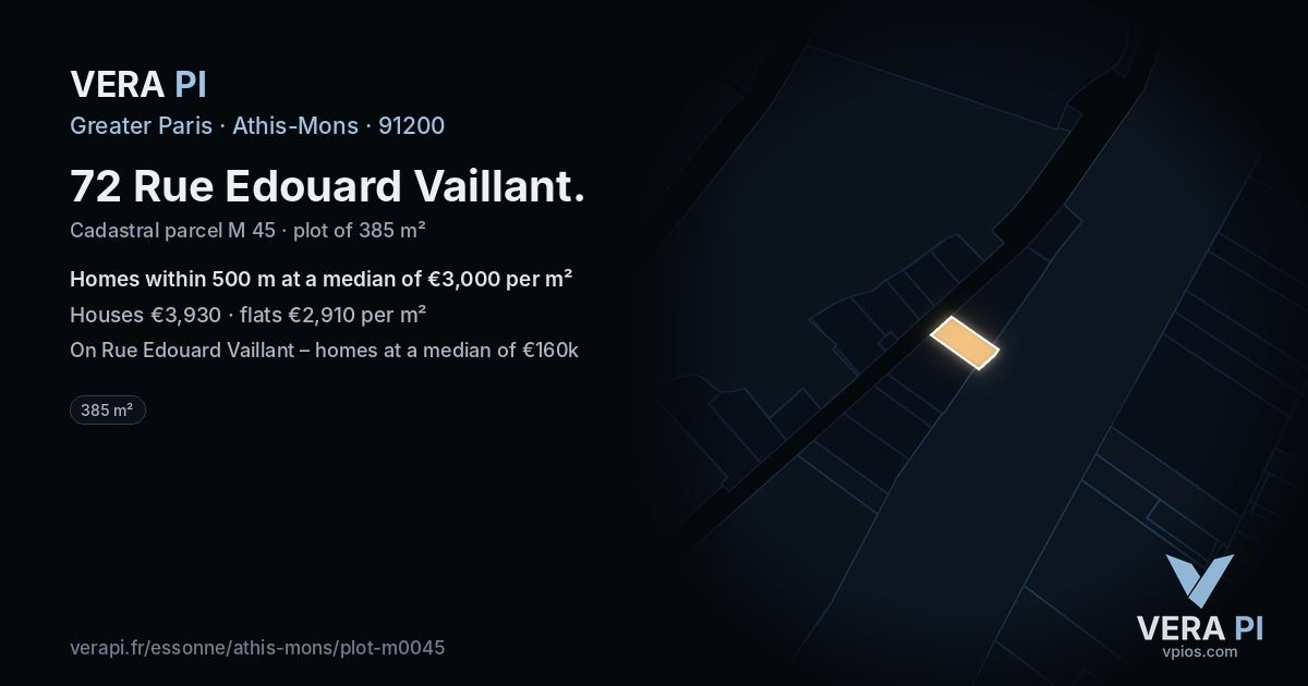72 Rue Edouard Vaillant, Athis-Mons at night – the plot lit, the parcels around coloured by the prices near them