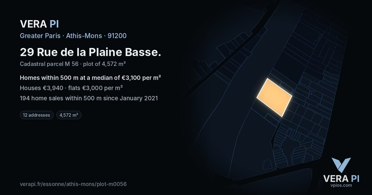 29 Rue de la Plaine Basse, Athis-Mons at night – the plot lit, the parcels around coloured by the prices near them