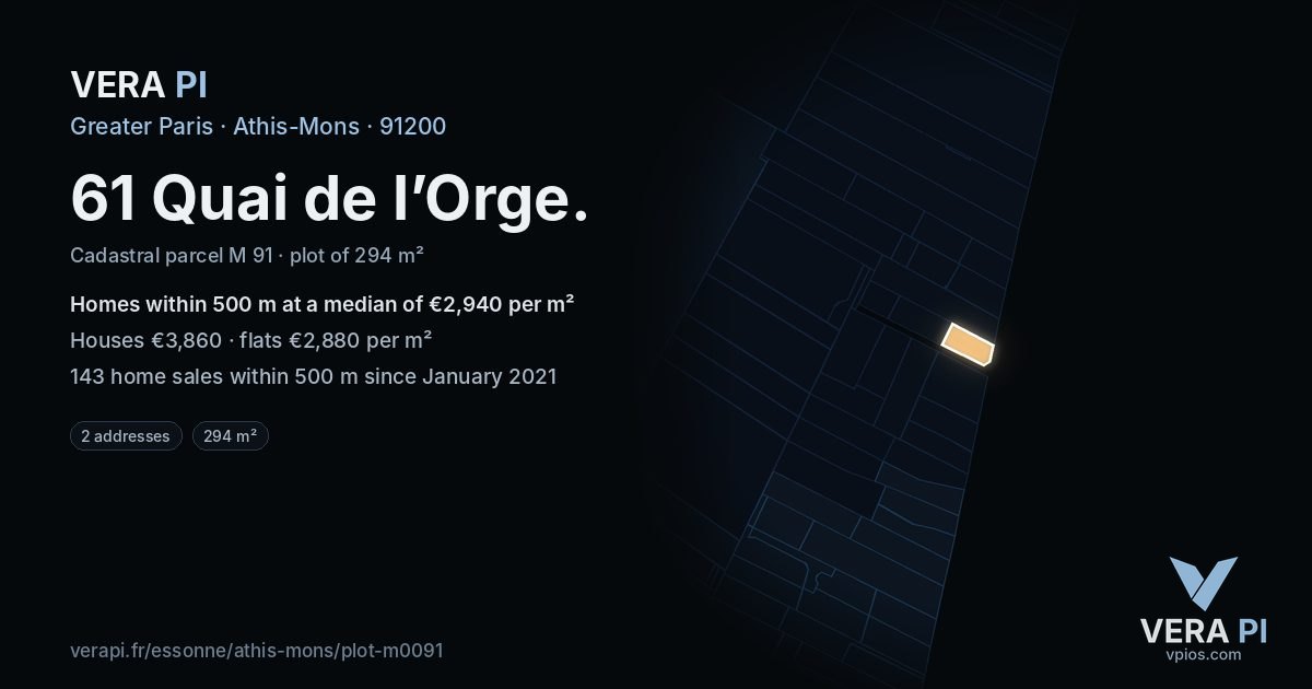 61 Quai de l’Orge, Athis-Mons at night – the plot lit, the parcels around coloured by the prices near them