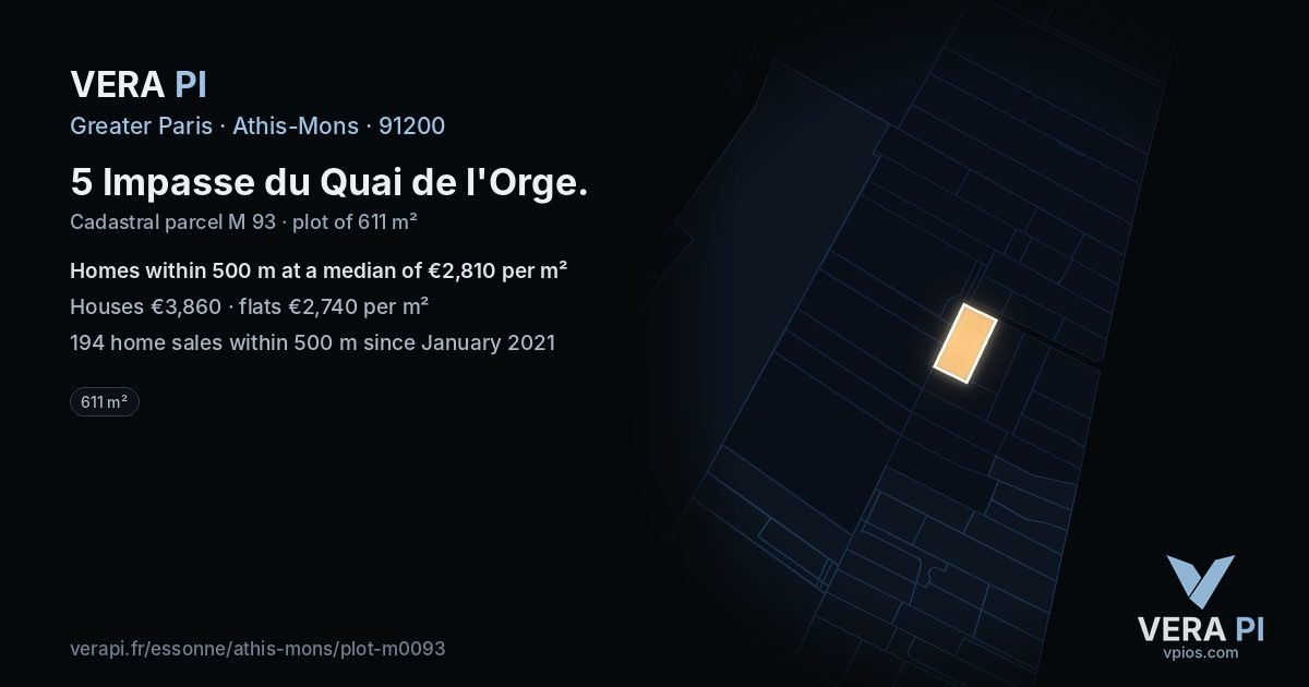 5 Impasse du Quai de l'Orge, Athis-Mons at night – the plot lit, the parcels around coloured by the prices near them