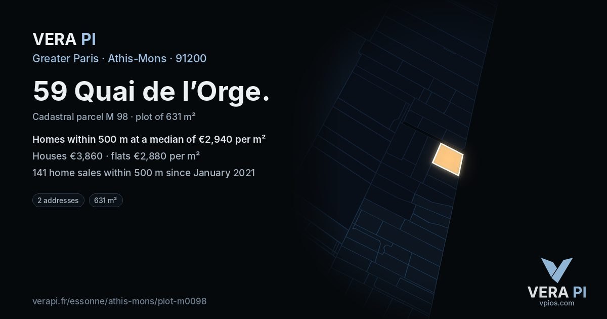 59 Quai de l’Orge, Athis-Mons at night – the plot lit, the parcels around coloured by the prices near them