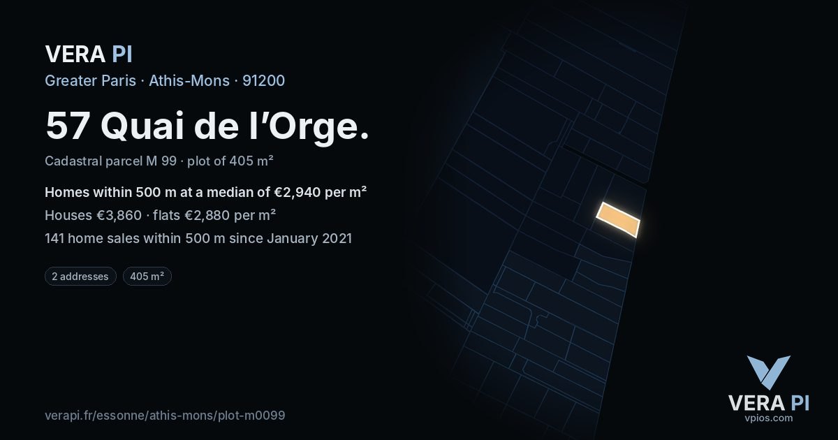 57 Quai de l’Orge, Athis-Mons at night – the plot lit, the parcels around coloured by the prices near them