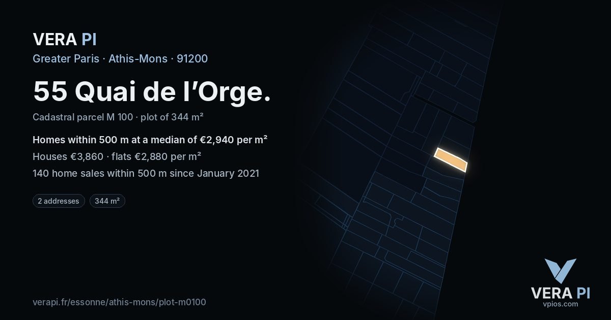 55 Quai de l’Orge, Athis-Mons at night – the plot lit, the parcels around coloured by the prices near them