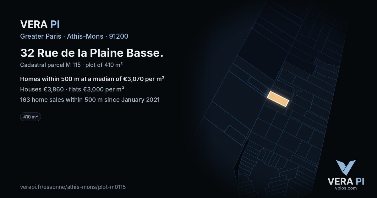 32 Rue de la Plaine Basse, Athis-Mons at night – the plot lit, the parcels around coloured by the prices near them