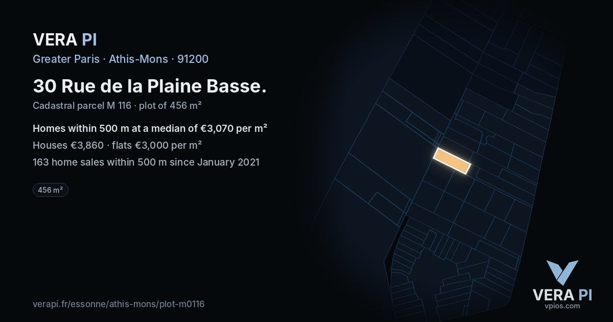 30 Rue de la Plaine Basse, Athis-Mons at night – the plot lit, the parcels around coloured by the prices near them