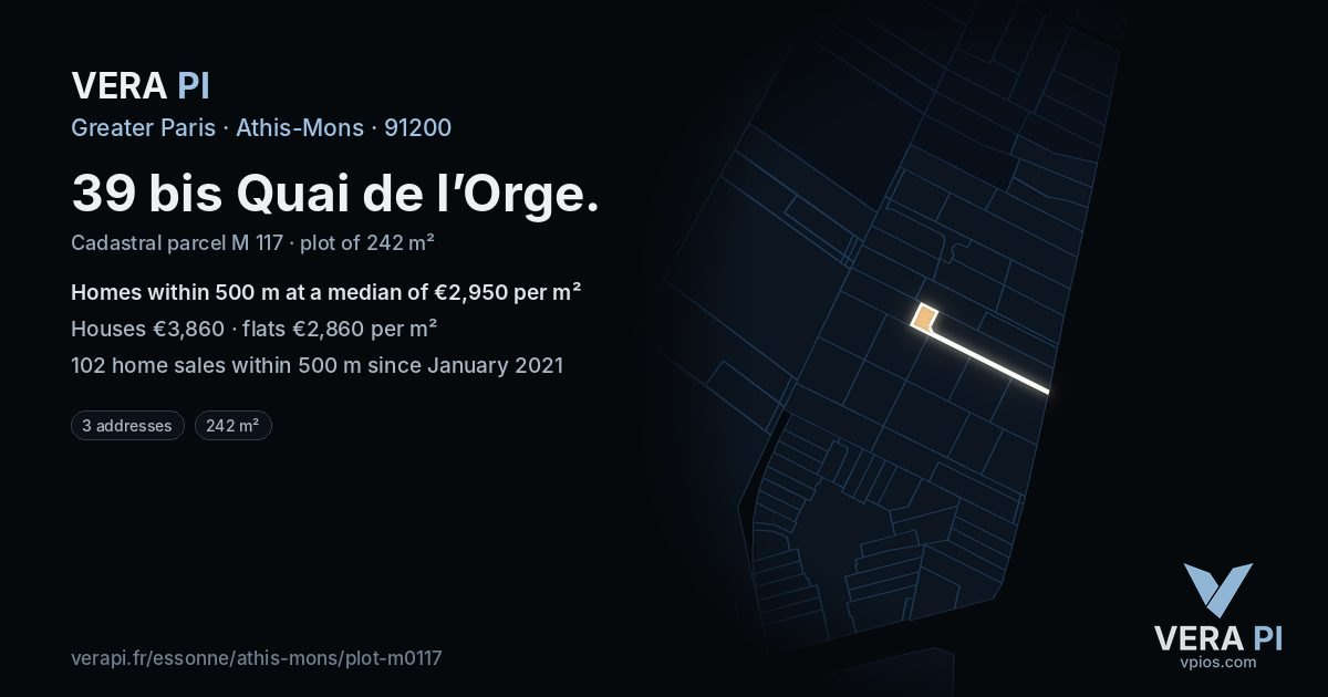 39 bis Quai de l’Orge, Athis-Mons at night – the plot lit, the parcels around coloured by the prices near them