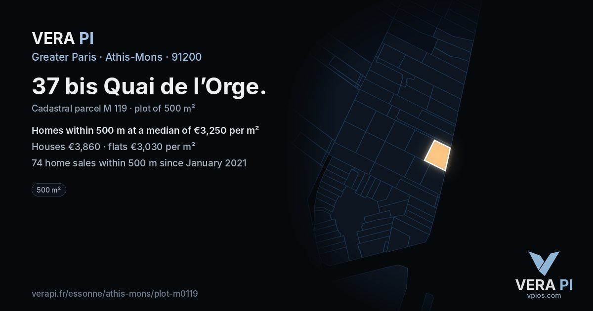 37 bis Quai de l’Orge, Athis-Mons at night – the plot lit, the parcels around coloured by the prices near them