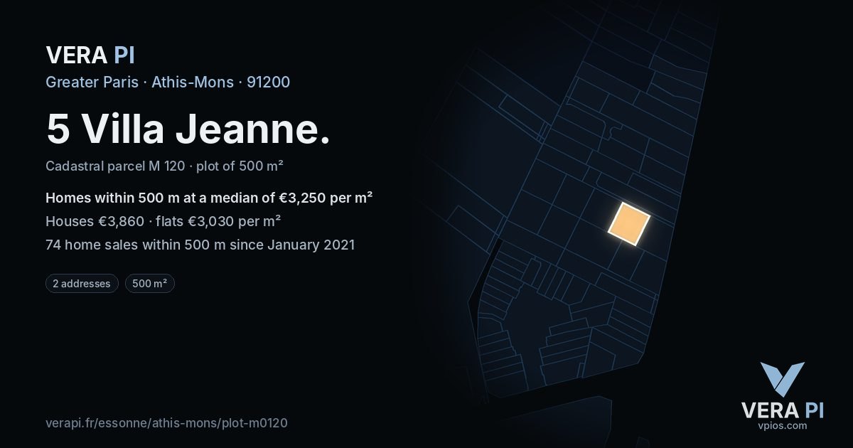 5 Villa Jeanne, Athis-Mons at night – the plot lit, the parcels around coloured by the prices near them