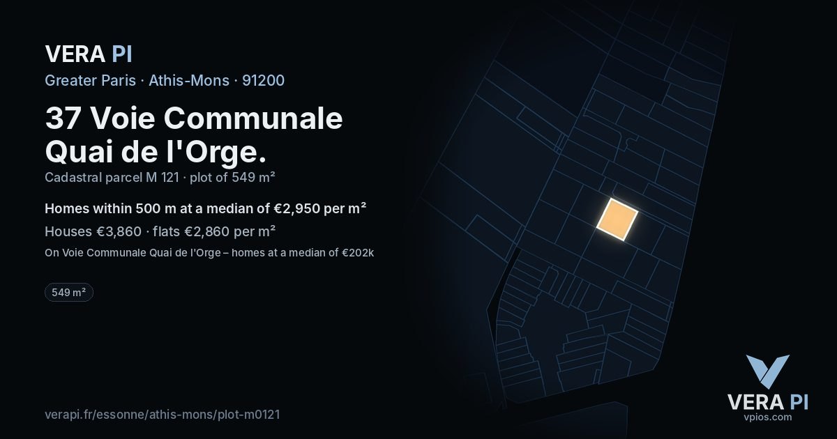 37 Voie Communale Quai de l'Orge, Athis-Mons at night – the plot lit, the parcels around coloured by the prices near them