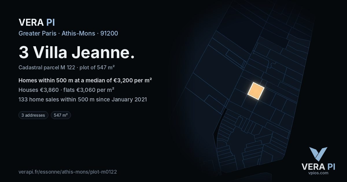 3 Villa Jeanne, Athis-Mons at night – the plot lit, the parcels around coloured by the prices near them
