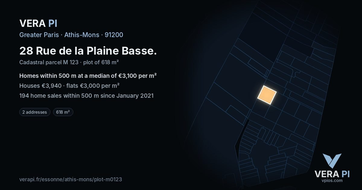 28 Rue de la Plaine Basse, Athis-Mons at night – the plot lit, the parcels around coloured by the prices near them