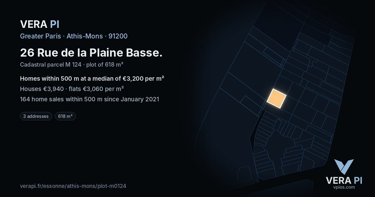 26 Rue de la Plaine Basse, Athis-Mons at night – the plot lit, the parcels around coloured by the prices near them