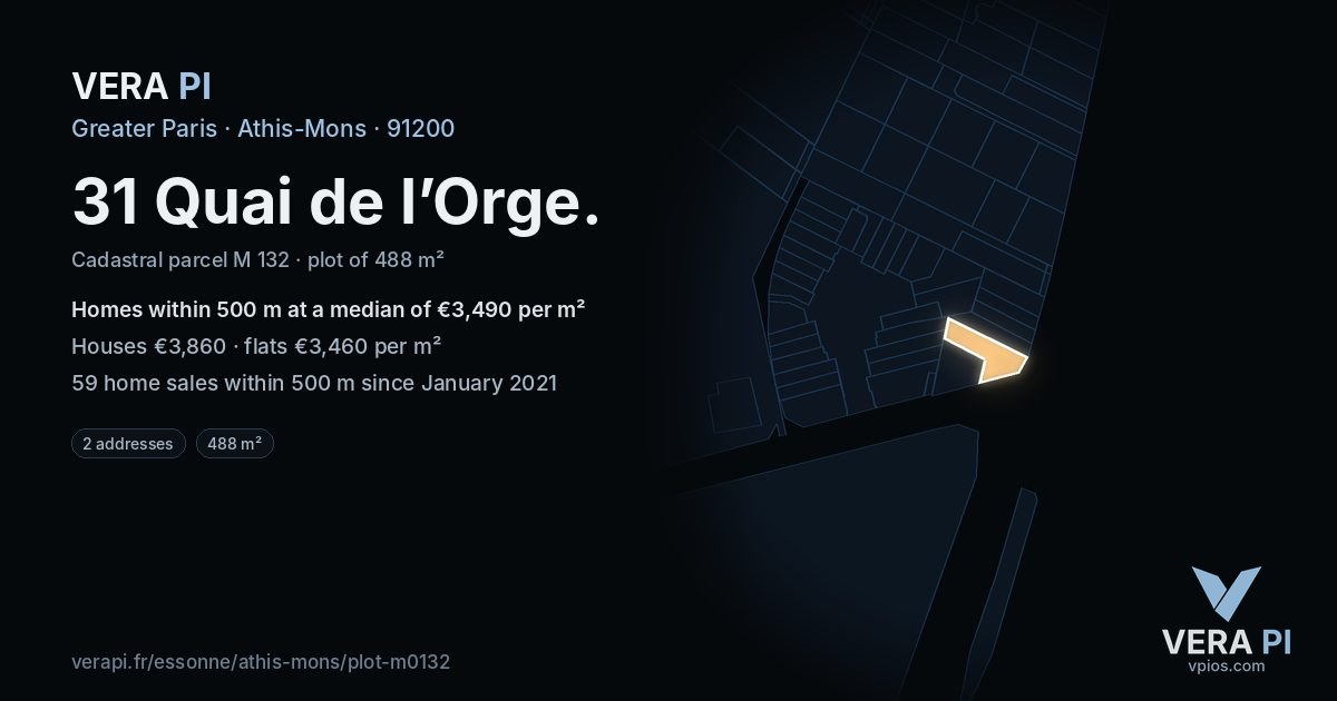 31 Quai de l’Orge, Athis-Mons at night – the plot lit, the parcels around coloured by the prices near them