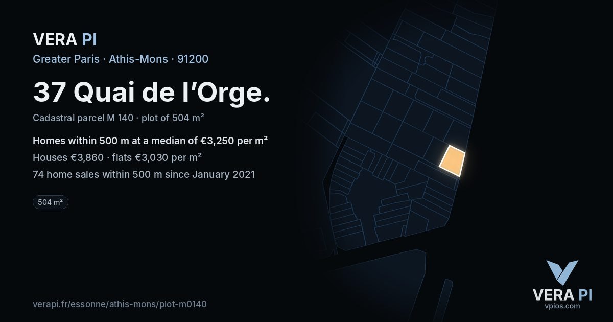 37 Quai de l’Orge, Athis-Mons at night – the plot lit, the parcels around coloured by the prices near them